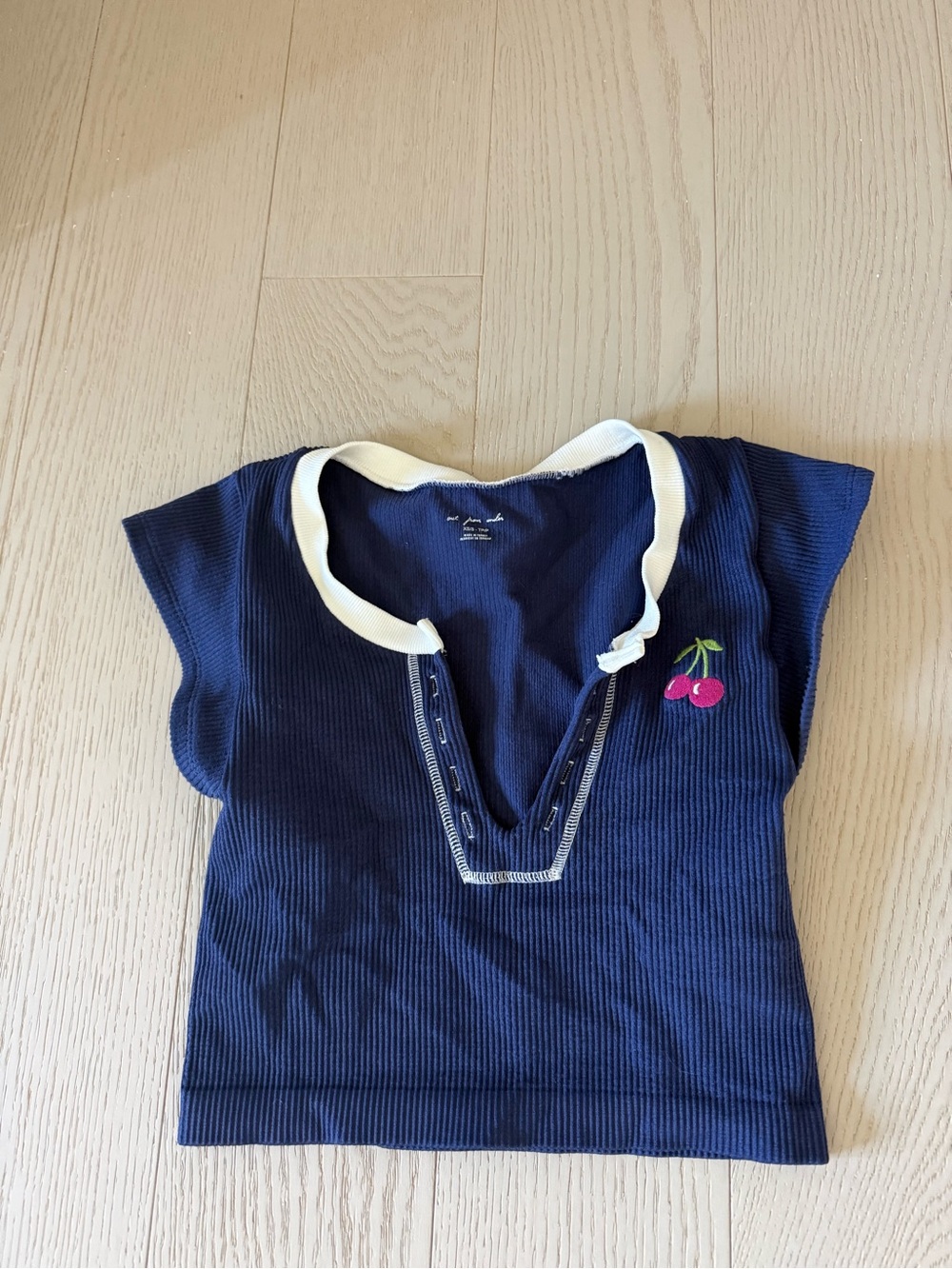 Urban Outfitters Navy Ribbed Crop Top with Cream Trim & Cherry Embroidery